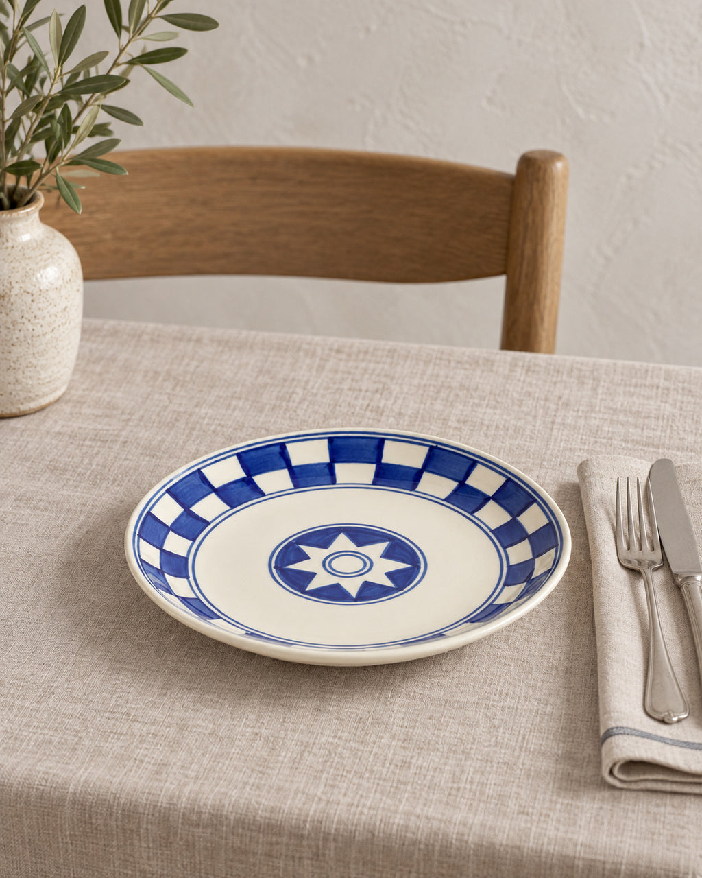 Küchenkaro 4er-Set Teller D 19 cm Keramik creme/blau