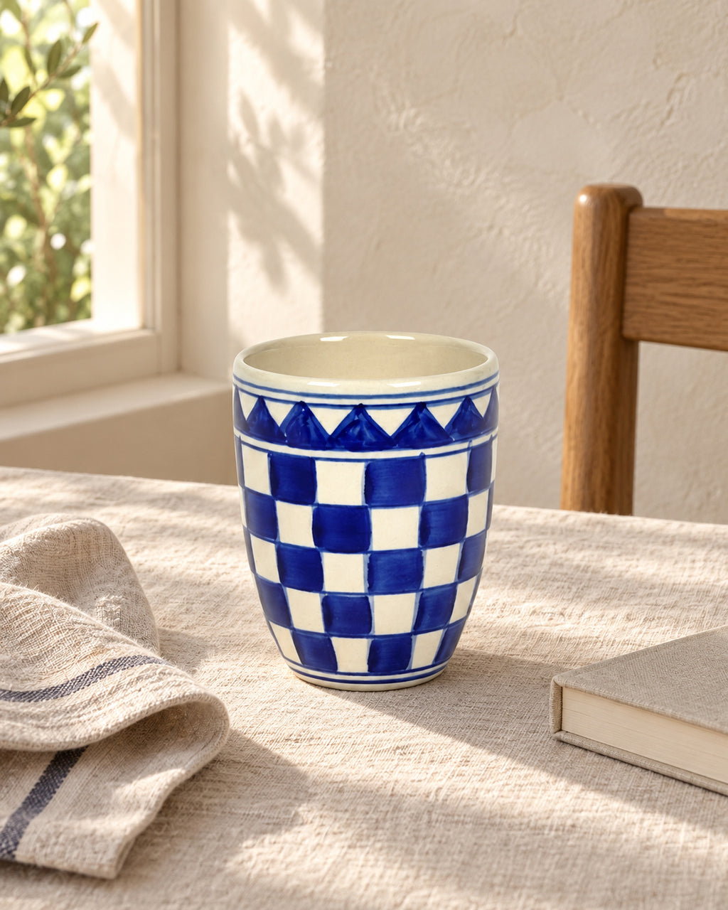 Küchenkaro 4er-Set Kaffeebecher Keramik creme/blau