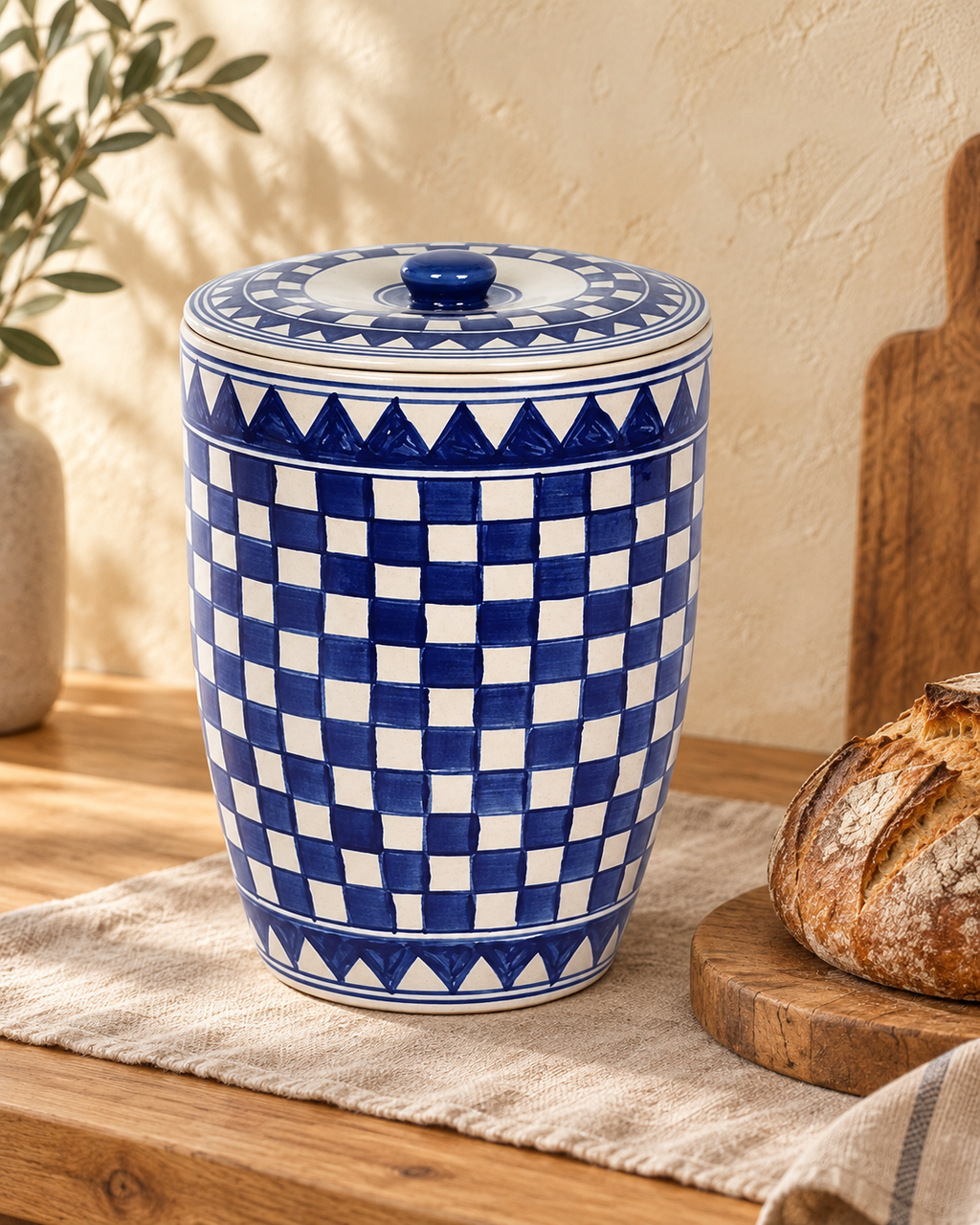 Küchenkaro Brottopf Keramik creme/blau