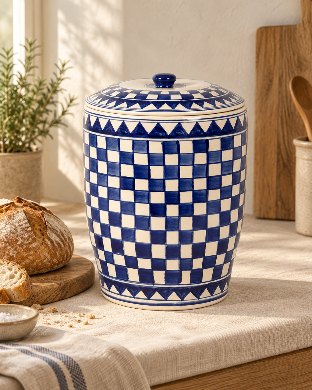 Küchenkaro Brottopf, Keramik, creme/blau H 38 cm