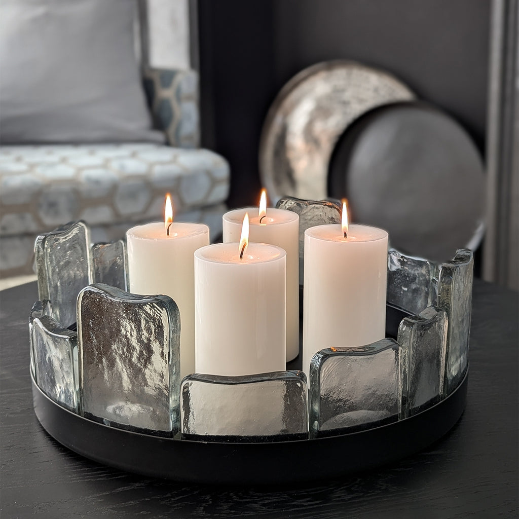 Fjord Dekoschale, schwarz Eisen pulverbeschichtet mit Glas H 15 cm D 41 cm