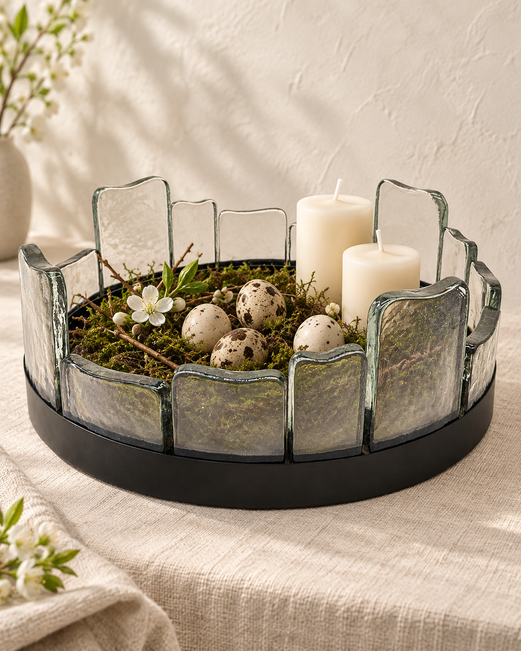 Fjord Dekoschale, schwarz Eisen pulverbeschichtet mit Glas H 15 cm D 41 cm